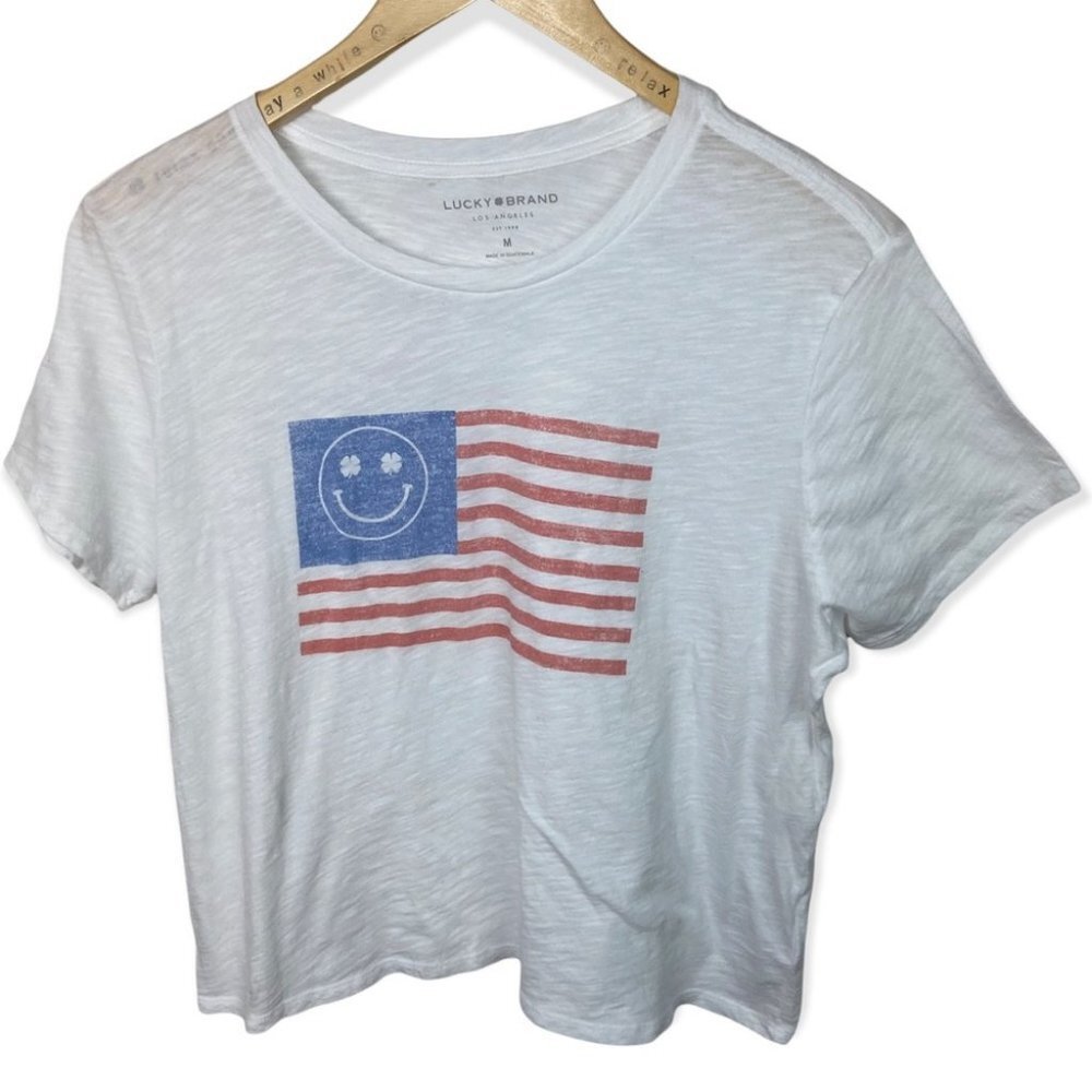 NEW Lucky Brand‎ White Tee American Flag T-Shirt Size Medium Cotton Short Sleeve